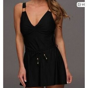 Spanx Black Belted Swim Dress‎ Cover Up Gold Accent Detail Swimsuit NWT Vacation